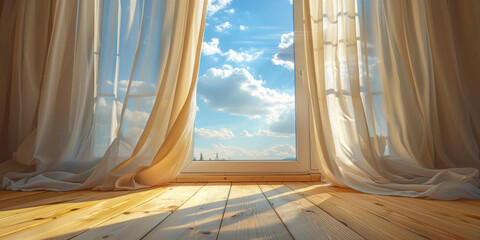 Serene Window View with Flowing Curtains and Sunlight
