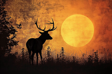 Portrait of a deer stag during rutting season in the forest at sunset. Landscape nature background