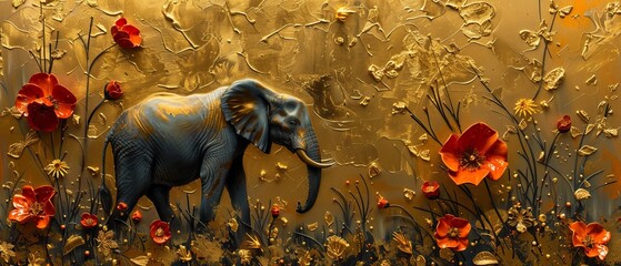 Fototapeta premium Flower, leaf and animal prints. Posters, cards, murals, rugs, hangings, wall art in abstract oil paintings. Animal prints, elephants, zebras, horses.