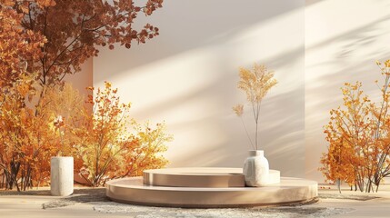 This is a rendering of a scene with a podium for displaying products in autumn.