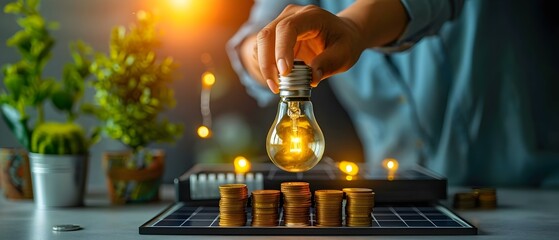 Investing in Cleantech: Hand Illuminates Future with Solar and Savings. Concept Clean Energy, Solar Power, Environmental Sustainability, Financial Benefits, Green Technology