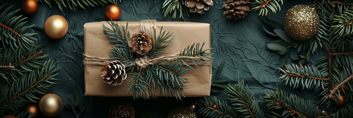Festive Christmas Gift Wrapped in Natural Brown Paper Among Evergreen Branches - Powered by Adobe