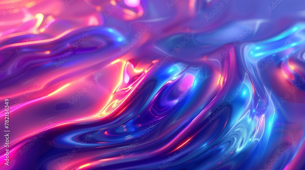 Poster the graphic represents a fluid 3d render of an abstract fluid holographic iridescent neon curved wav