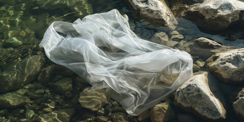 Discarded Plastic Bag Polluting Crystal Clear River Stream