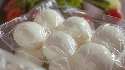 Fotobehang The simple elegance of Buffalo mozzarella cheese, visible through its clear packaging, serene © Paul