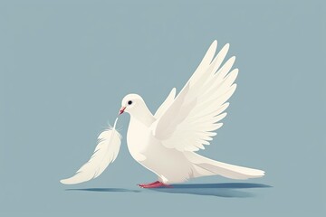 Simple illustration of a white dove holding a white feather, symbolizing gentleness and peace, on an isolated background