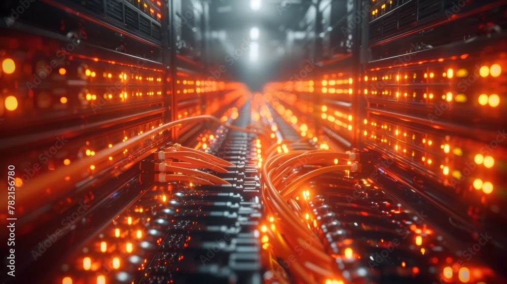 Poster An endless loop of seamless looping animation. Countless orange cables in a modern server room cabinet illuminated by a single spotlight in a dark render farm. Colorful ethernet cables organized