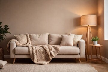 Fototapeta na wymiar Cozy living room interior with beige sofa, knitted blanket, cushions, lamp, and beige wall with copy space.