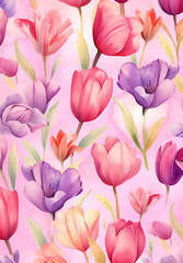 선명한 핑크, 보라, 빨간색 음영의 미니어처 수채화 스타일 튤립이 있는 예쁘고 봄 테마의 꽃 패턴 A pretty, spring-themed floral pattern with miniature, watercolor-style tulips in vibrant shades of pink, purple, and red