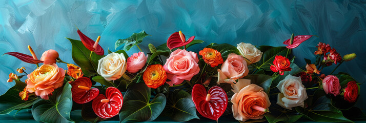 Vibrant Floral Panorama: Exotic and Classic Flowers on Blue - obrazy, fototapety, plakaty