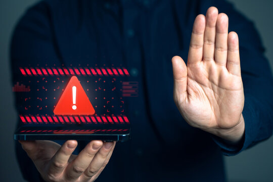 Businessman warns of danger. Risky investments. Fraud business. Mistakes and mistakes. Access blocking. Cyber security. Compliance with laws and regulations. Warn about incorrect actions.