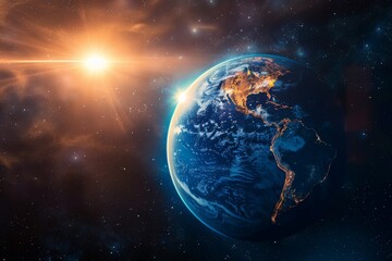 Naklejka premium Bright, clear image of Earth illuminated by a vibrant sun, symbolizing life, on an isolated background with text space