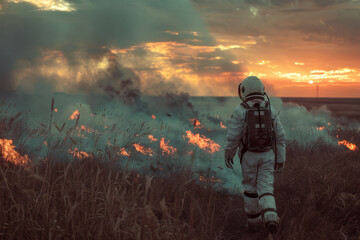 Astronaut Exploring Fiery Landscape at Sunset