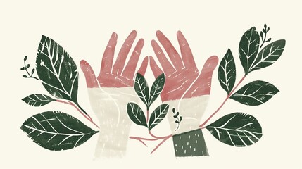 An illustration depicting the concept of mindfulness with two open hands facing upwards in a gesture of acceptance and peace, symbolizing the practice of embracing the present moment without judgment.