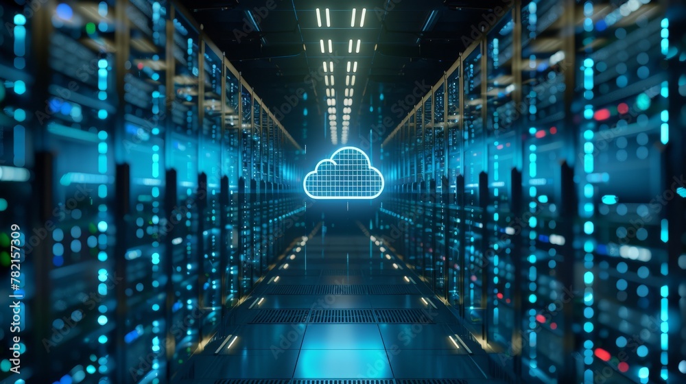 Poster A 3D rendering of a server room data center with a cloud blue icon floating inside
