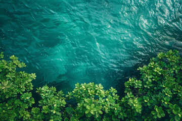 Fototapeta na wymiar Tranquil Ocean Water with Lush Green Mangrove Edges