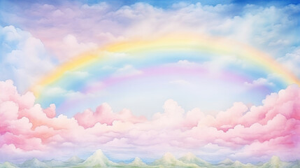 Vibrant rainbow over pastel pink clouded sky. Wall art wallpaper