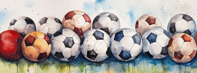 Watercolor painted soccer balls on artistic background. Wall art wallpaper