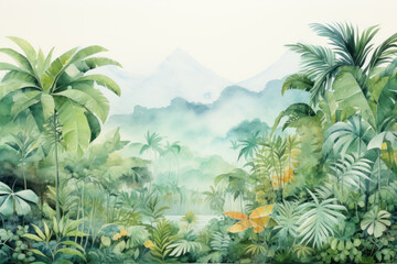 Fototapeta na wymiar Tropical jungle landscape with mountain backdrop watercolor. Wall art wallpaper