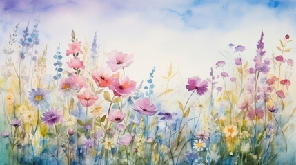 Fototapeta na wymiar Watercolor meadow with colorful wildflowers and butterflies. Wall art wallpaper