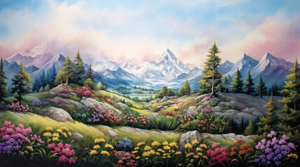 Blooming alpine meadow with mountain backdrop under soft clouds. Wall art wallpaper