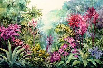 Vibrant tropical plants and flowers in watercolor jungle mural. Wall art wallpaper