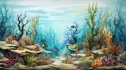Fototapeta na wymiar Tranquil underwater ocean scene with corals and fish. Wall art wallpaper
