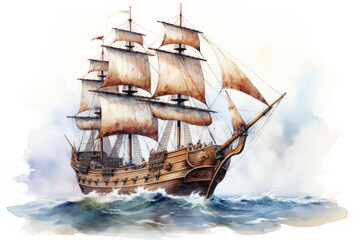 Vintage watercolor pirate ship sailing on high seas. Wall art wallpaper