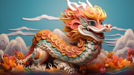 Cute Colorful Chinese Dragon - obrazy, fototapety, plakaty