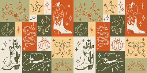 Seamless pattern with various doodle line style trendy cowboy boots, hats, cow scull, snake. Boho American western desert elements.Vector cowgirl illustration. Simple tattoo mosaic background - 782157751