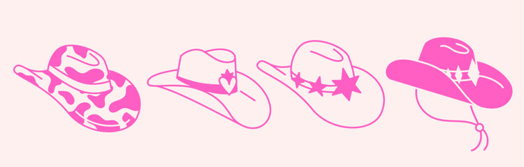 Set of various doodle line style trendy cowboy hats . Boho American western desert elements.Vector funky illustration.  - 782157767