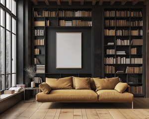 mock up poster frame in book interior design, study room, Scandinavian style, 3D render, 3D illustration
