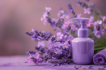 Lavender Scented Lotion Bottle with Fresh Blooms and Towel