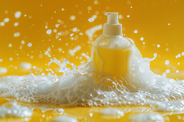 Refreshing Citrus Scented Liquid Soap Splashing on Yellow Background