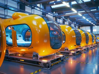 Futuristic cargo pods on assembly line, soft overhead light, wide angle, industrial ambiance , vibrant color