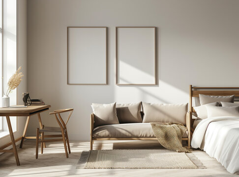 mock up poster frame in Simple beige interior, living room, Scandinavian style, 3D render, 3D illustration