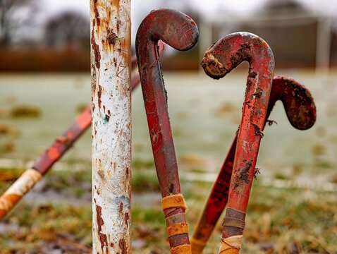 Field hockey sticks leaning against a goal post, worn and muddy