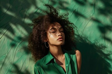Attractive young African American female with green shirt and earrings posing against vibrant green wall - Powered by Adobe