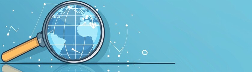 Cartoon of a magnifying glass over a globe with digital points, representing global SEO strategy, minimalist background - obrazy, fototapety, plakaty