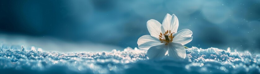 Obraz premium Clear and simple image of a snowy mountain peak with a single flower, representing resilience and peace in nature