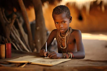 Muurstickers Tribal African child focusing on writing in village © Photocreo Bednarek