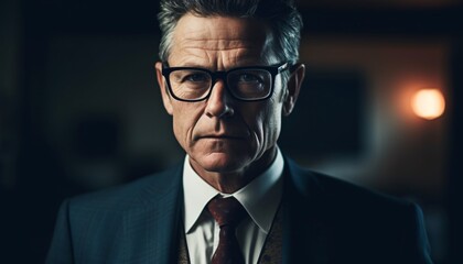 Professional Senior: Captivating Photo of a 50-Year-Old Businessman in Office Attire and Glasses,...