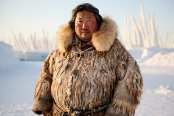 Inuit man with fur coat in icy Alaskan environment - obrazy, fototapety, plakaty