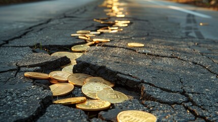 An image depicting a damaged asphalt road with numerous shiny gold coins wedged into its deep cracks, symbolizing the pervasive issues of corruption and bribery in society. - obrazy, fototapety, plakaty