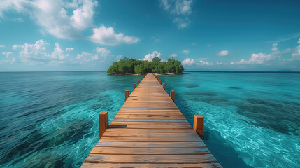 Beautiful tropical landscape background, concept for summer travel and vacation. Wooden pier to an island in ocean against blue sky with white clouds, panoramic view - obrazy, fototapety, plakaty