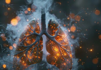 An ethereal depiction of human lungs radiating with inner light amidst a mystical fog, highlighting the essence of respiratory life. - obrazy, fototapety, plakaty