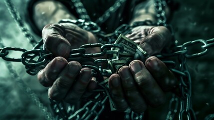 A powerful image depicting a corrupt politician bound by chains, symbolizing the constraints of bribery and corruption, with money scattered around to emphasize the unethical financial influence.