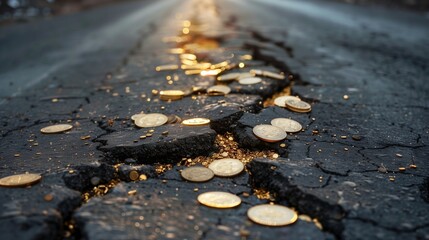 An image depicting a damaged asphalt road with numerous shiny gold coins wedged into its deep cracks, symbolizing the pervasive issues of corruption and bribery in society. - obrazy, fototapety, plakaty