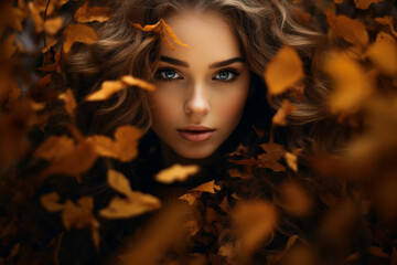 Autumn Beauty: Enchanting Woman Surrounded by Golden Leaves