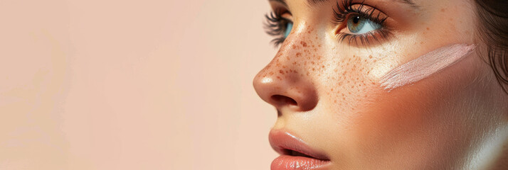 Close-up Beauty Portrait of Woman with Freckles and Highlighter Makeup